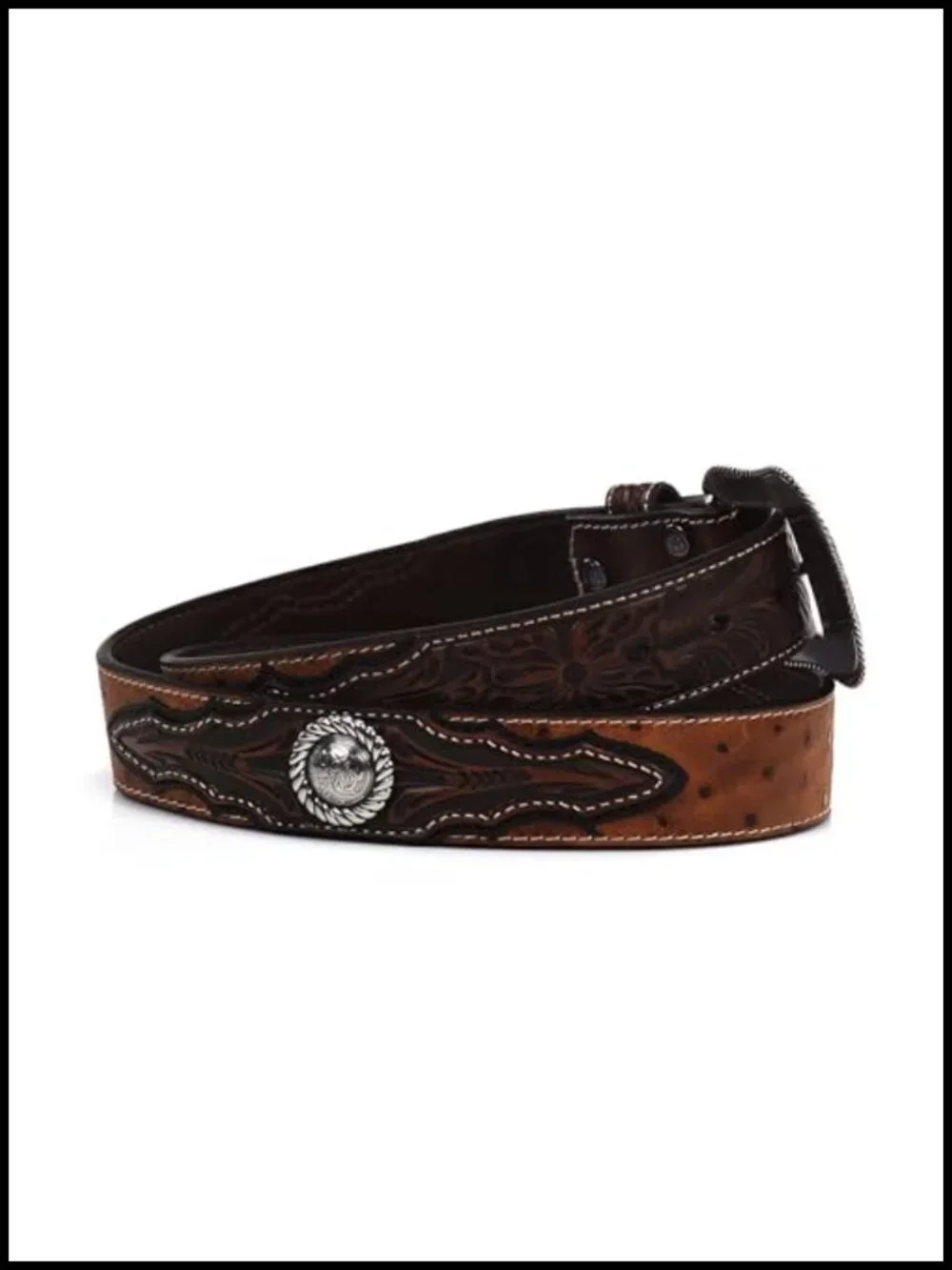 Faux Ostrich Leather Belt, Floral Emboss, Silver Concho, Triple Snap Buckle
